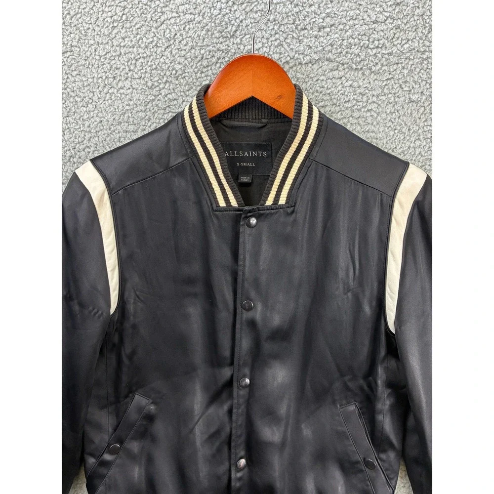 AllSaints Matsu Varsity Bomber Jacket Mens XS Black White Striped Trim Snap